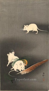 三匹の白いねずみ 1900 大原古邨の動物 Oil Paintings